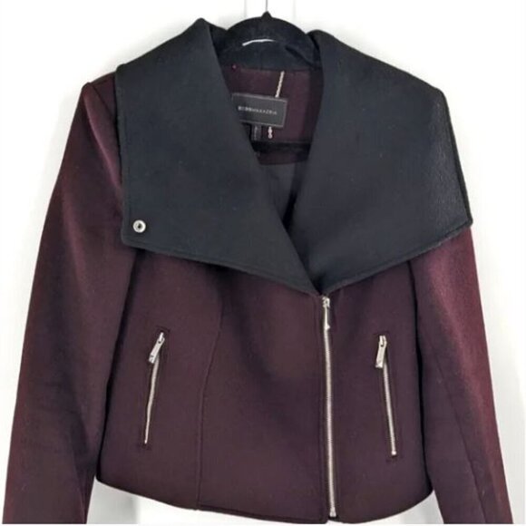 BCBGMAXAZRIA Womens Burgundy Wool Blend Pockets Asymmetric Zip Coat Size M - Picture 1 of 4